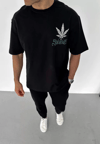 Unisex Bisiklet Yaka Baskılı Oversize T-shirt - Siyah