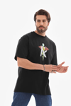 Unisex Bisiklet Yaka Baskılı Oversize T-shirt - Siyah