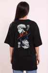 Unisex Bisiklet Yaka Baskılı Oversize T-shirt - Siyah