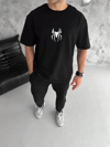 Unisex Bisiklet Yaka Baskılı Oversize T-shirt - Siyah