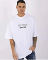 Unisex Bisiklet Yaka Baskılı Oversize T-shirt - Beyaz