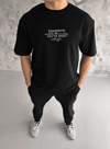 Unisex Bisiklet Yaka Baskılı Oversize T-shirt - Siyah