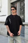 Unisex Bisiklet Yaka Baskılı Oversize T-shirt - Siyah