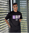 Unisex Bisiklet Yaka Baskılı Oversize T-shirt - Siyah