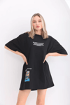 Unisex Bisiklet Yaka Baskılı Oversize T-shirt - Siyah