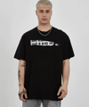 Unisex Bisiklet Yaka Baskılı Oversize T-shirt - Siyah