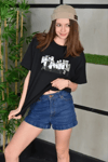 Unisex Bisiklet Yaka Baskılı Oversize T-shirt - Siyah