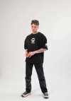 Unisex Bisiklet Yaka Baskılı Oversize T-shirt - Siyah