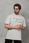 Unisex Bisiklet Yaka Baskılı Oversize T-shirt - Gri