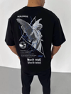 Unisex Bisiklet Yaka Baskılı Oversize T-shirt - Siyah