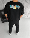 Unisex Bisiklet Yaka Baskılı Oversize T-shirt - Siyah