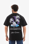 Unisex Bisiklet Yaka Baskılı Oversize T-shirt - Siyah