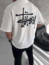 Unisex Bisiklet Yaka Baskılı Oversize T-shirt - Beyaz