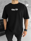 Unisex Bisiklet Yaka Baskılı Oversize T-shirt - Siyah