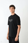 Unisex Bisiklet Yaka Baskılı Oversize T-shirt - Siyah