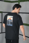 Unisex Bisiklet Yaka Baskılı Oversize T-shirt - Siyah