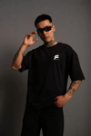 Unisex Bisiklet Yaka Baskılı Oversize T-shirt - Siyah
