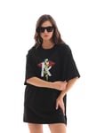 Unisex Bisiklet Yaka Baskılı Oversize T-shirt - Siyah
