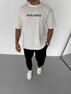 Unisex Bisiklet Yaka Baskılı Oversize T-shirt - Beyaz