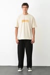 Unisex Bisiklet Yaka Baskılı Oversize T-shirt - Beyaz