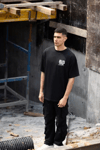 Unisex Bisiklet Yaka Baskılı Oversize T-shirt - Siyah