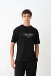 Unisex Bisiklet Yaka Baskılı Oversize T-shirt - Siyah