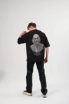 Unisex Bisiklet Yaka Baskılı Oversize T-shirt - Siyah