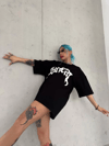 Unisex Bisiklet Yaka Baskılı Oversize T-shirt - Siyah