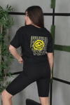 Unisex Bisiklet Yaka Baskılı Oversize T-shirt - Siyah
