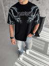 Unisex Bisiklet Yaka Baskılı Oversize T-shirt-siyah