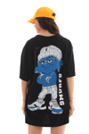 Unisex Bisiklet Yaka Baskılı Oversize T-shirt - Siyah
