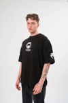 Unisex Bisiklet Yaka Baskılı Oversize T-shirt - Siyah