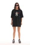 Unisex Bisiklet Yaka Baskılı Oversize T-shirt - Siyah