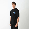 Unisex Bisiklet Yaka Baskılı Oversize T-shirt - Siyah