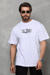 Unisex Bisiklet Yaka Baskılı Oversize T-shirt - Beyaz