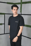 Unisex Bisiklet Yaka Baskılı Oversize T-shirt - Siyah