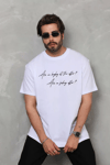 Unisex Bisiklet Yaka Baskılı Oversize T-shirt - Beyaz