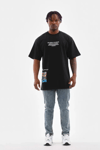 Unisex Bisiklet Yaka Baskılı Oversize T-shirt - Siyah