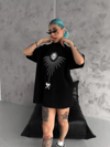 Unisex Bisiklet Yaka Baskılı Oversize T-shirt - Siyah