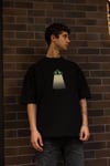 Unisex Bisiklet Yaka Baskılı Oversize T-shirt - Siyah