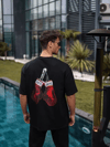 Unisex Bisiklet Yaka Baskılı Oversize T-shirt - Siyah