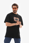 Unisex Bisiklet Yaka Baskılı Oversize T-shirt - Siyah