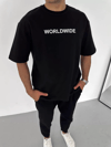 Unisex Bisiklet Yaka Baskılı Oversize T-shirt - Siyah
