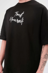 Unisex Bisiklet Yaka Baskılı Oversize T-shirt - Siyah