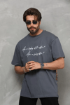 Unisex Bisiklet Yaka Baskılı Oversize T-shirt - Füme