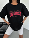 Unisex Bisiklet Yaka Baskılı Oversize T-shirt - Siyah