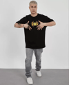 Unisex Bisiklet Yaka Baskılı Oversize T-shirt - Siyah