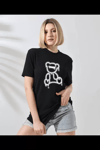 Unisex Bisiklet Yaka Baskılı T-shirt - Siyah