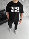 Unisex Bisiklet Yaka Katlanan Baskılı T-shirt - Siyah