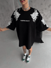 Unisex Flok Kabartma Baskılı T-shirt - Siyah
